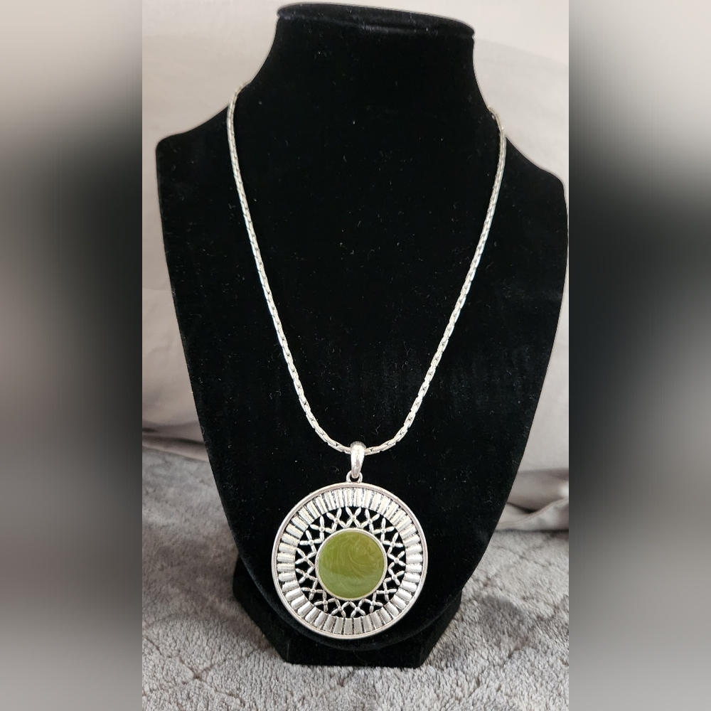 Large Olive and Silver Pendant Necklace